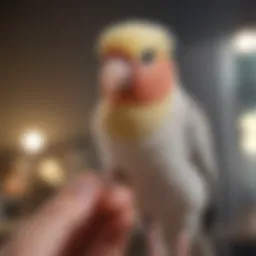 A vibrant cockatiel perched on a finger, showcasing trust and connection.