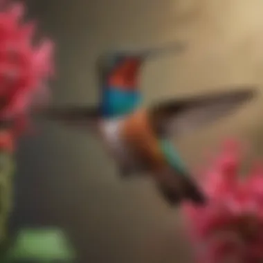 An elegant hummingbird hovering near a flowering plant, highlighting its iridescent feathers.