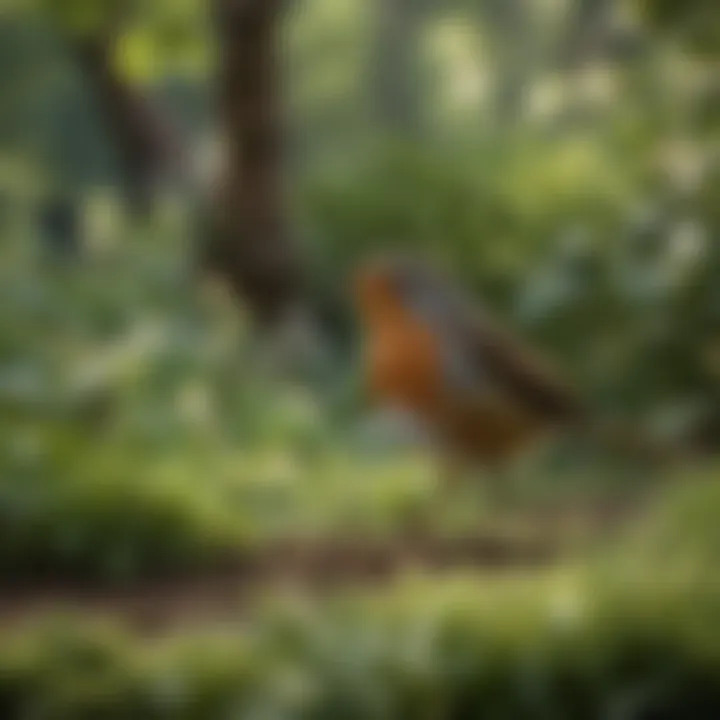 A serene view of a robin foraging in a lush green garden during spring.