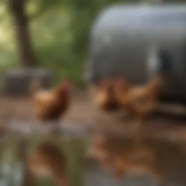 Chickens drinking from an auto waterer in a free-range environment