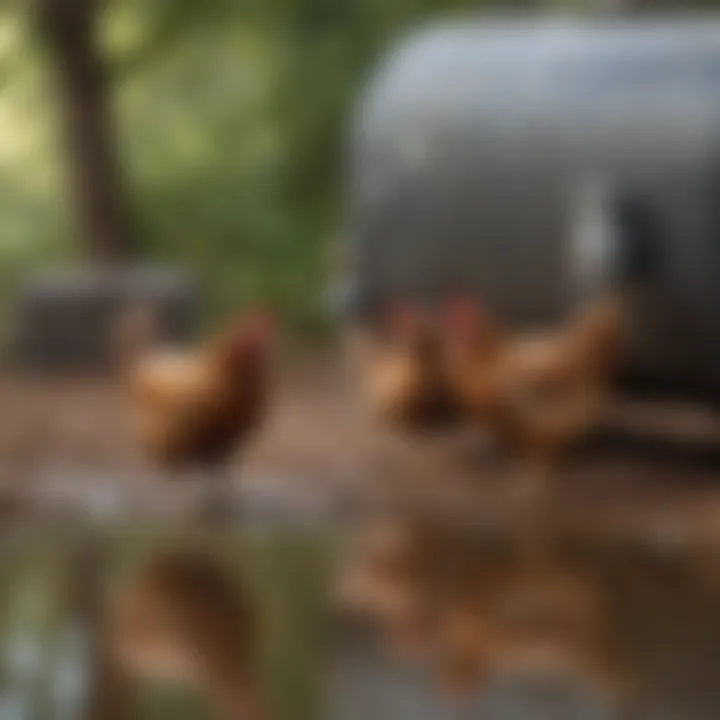 Chickens drinking from an auto waterer in a free-range environment