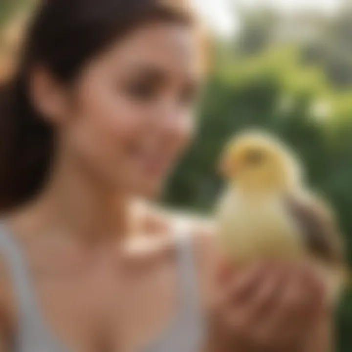 Chick interacting playfully with a pet owner