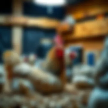 Chickens comfortably resting under artificial lighting