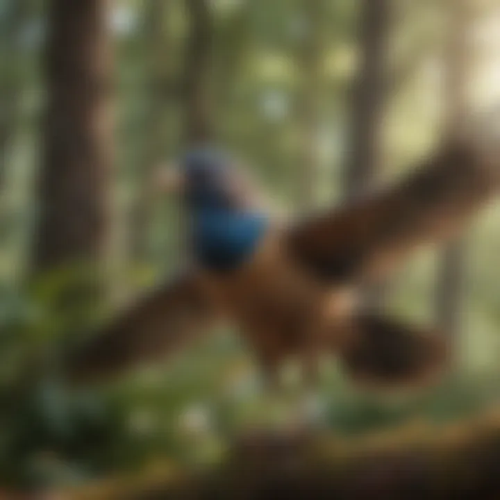 A serene outdoor scene showing a pet bird flying freely, with a tracker visibly monitoring its location.