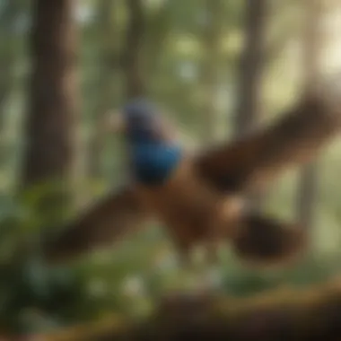 Bird in Free Flight A serene outdoor scene showing a pet bird flying freely, with a tracker visibly monitoring its location.