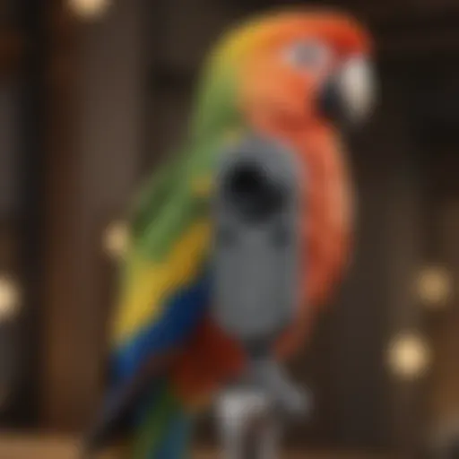 A close-up view of a pet bird tracker attached to a colorful parrot's leg, showcasing the technology in use.