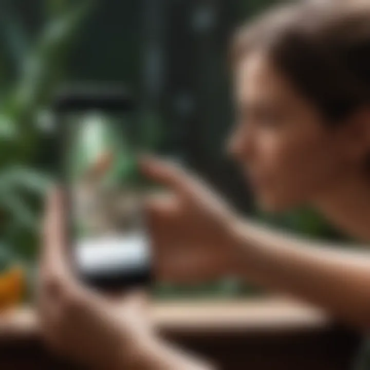 A pet owner interacting with a smartphone app used for tracking their pet bird, emphasizing user experience.