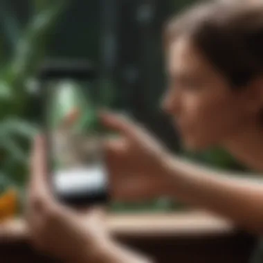 User Experience with Bird Tracker App A pet owner interacting with a smartphone app used for tracking their pet bird, emphasizing user experience.