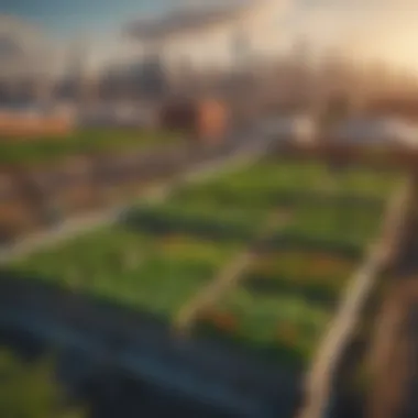 Rooftop farm flourishing with vegetables and flowers against a city skyline.