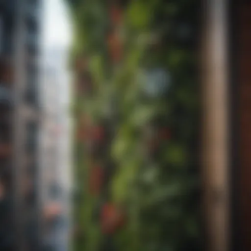 Lush vertical garden on a city balcony featuring diverse plants.