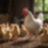 A diverse chicken flock interacting peacefully