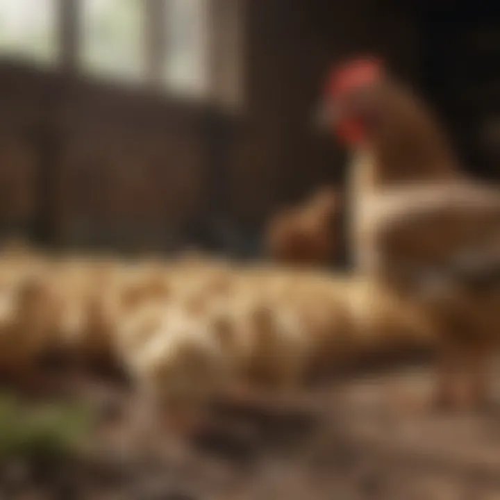 New chicks exploring their surroundings with older hens observing