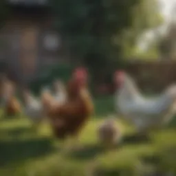 A serene backyard with a mixed flock of chickens