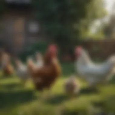 Harmonious Backyard Flock A serene backyard with a mixed flock of chickens