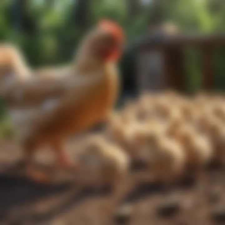 Chicks exploring their new surroundings with hens nearby