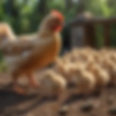 Chicks in Discovery Chicks exploring their new surroundings with hens nearby