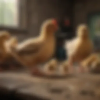 Harmonious Coop Setting A serene coop environment where chicks and hens coexist