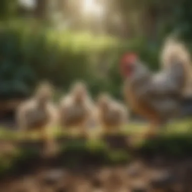 A flock of hens and chicks bonding in a lush backyard