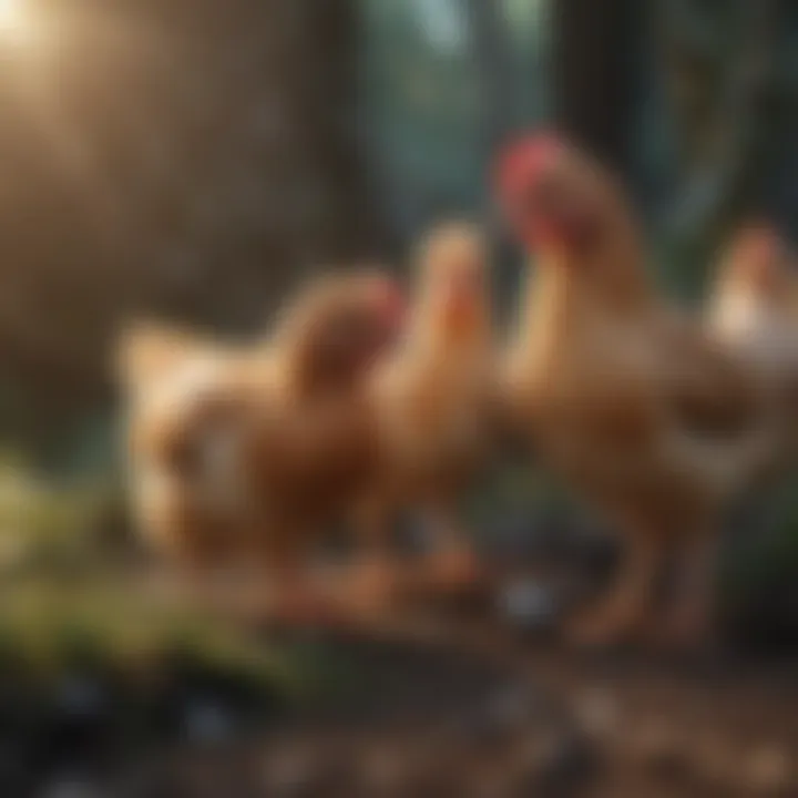 Hens observing chicks with curiosity and cautiousness