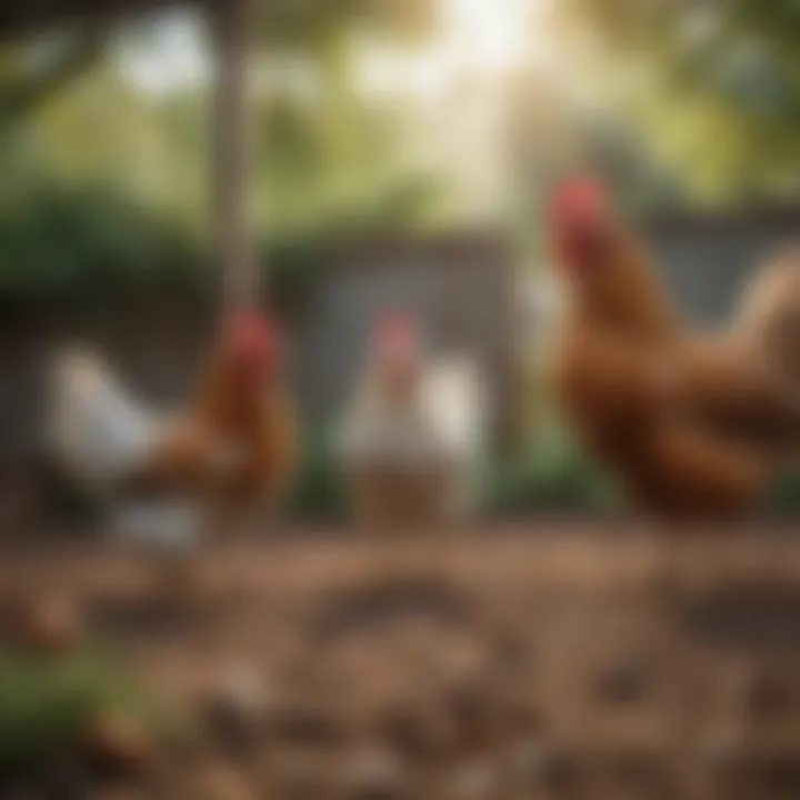 A tranquil scene showcasing chickens interacting in a spacious outdoor area, demonstrating social harmony.