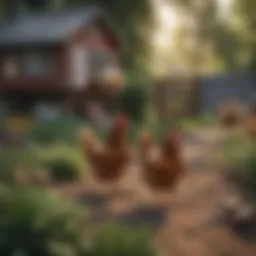 A vibrant backyard chicken coop featuring various breeds of chickens