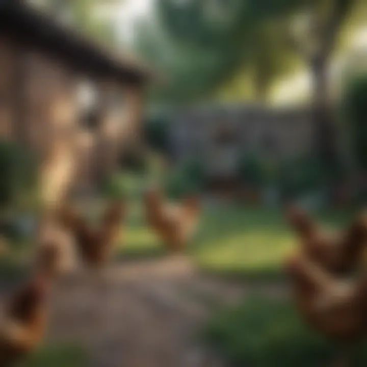 A serene backyard setting with chickens roaming freely