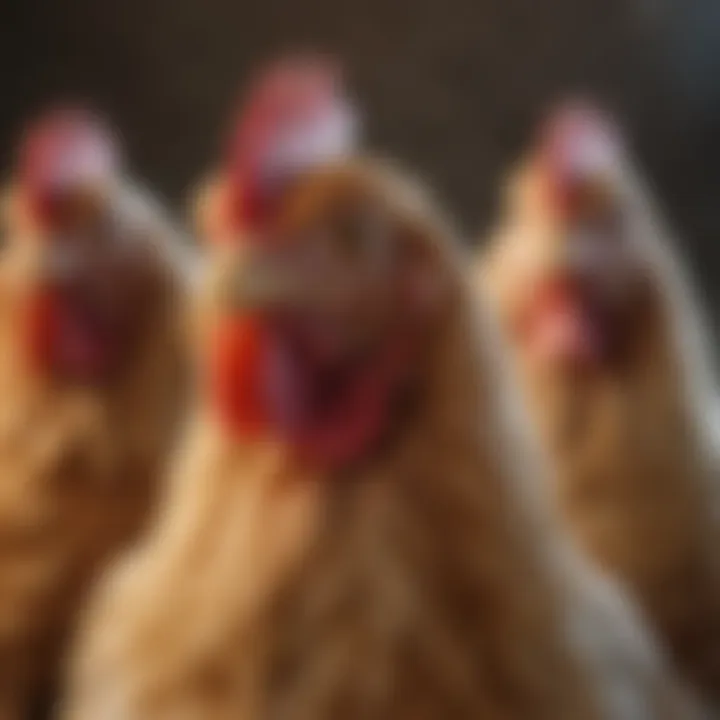 Close-up of different chicken breeds showcasing their unique features