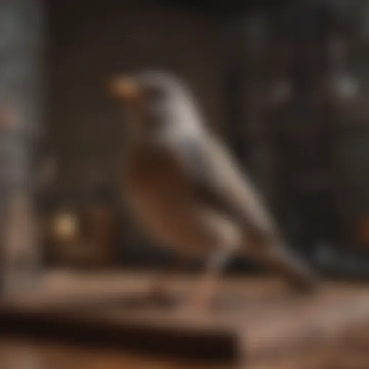 Bird enjoying a serene environment under a protective cage cover