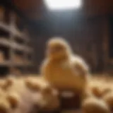 Interior view of a large chick brooder with chicks