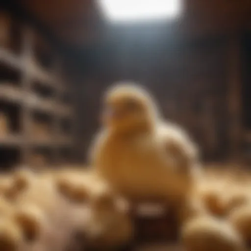 Interior view of a large chick brooder with chicks