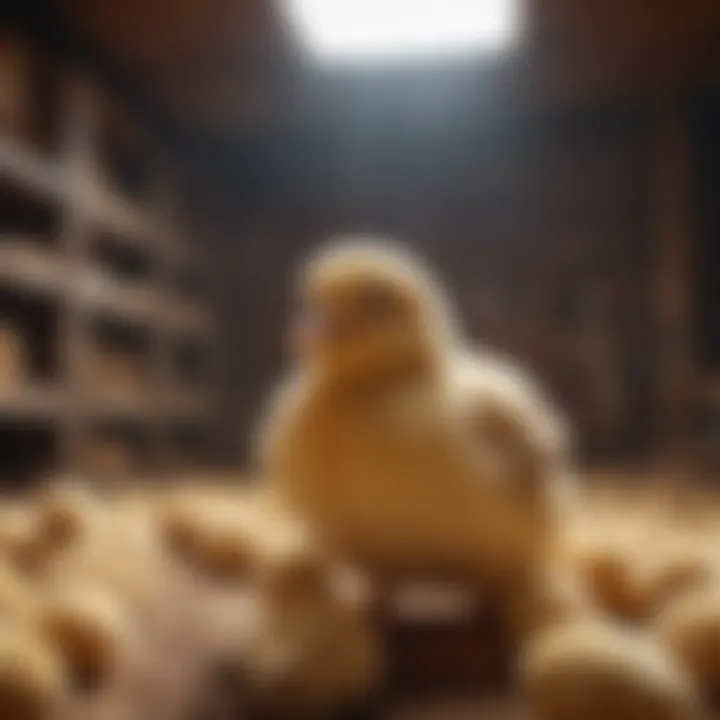 Interior view of a large chick brooder with chicks