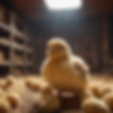 Chicks thriving in a well-designed brooder Interior view of a large chick brooder with chicks