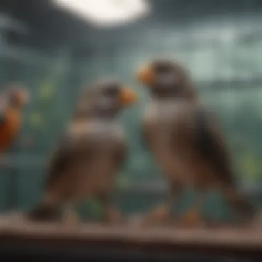Birds enjoying an enriched environment in a flight cage