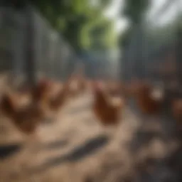 Spacious metal chicken run with happy chickens exploring