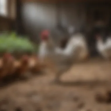 A serene barnyard scene featuring long tail chickens roaming freely.