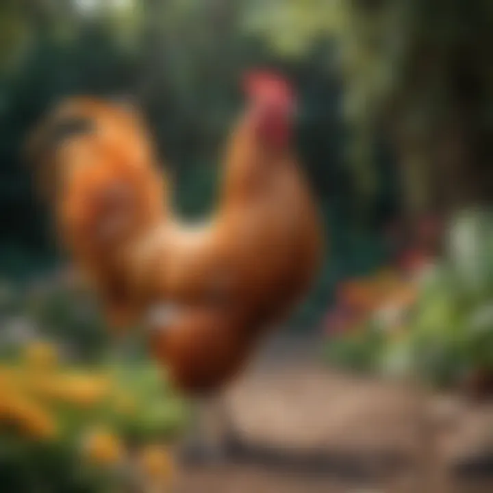 A majestic long tail chicken showcasing its vibrant plumage in a lush garden setting.