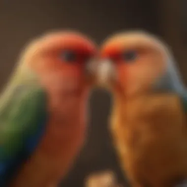 A close-up of love birds interacting with each other, highlighting their affectionate behavior.