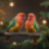 A pair of vibrant love birds perched on a branch, showcasing their colorful feathers.