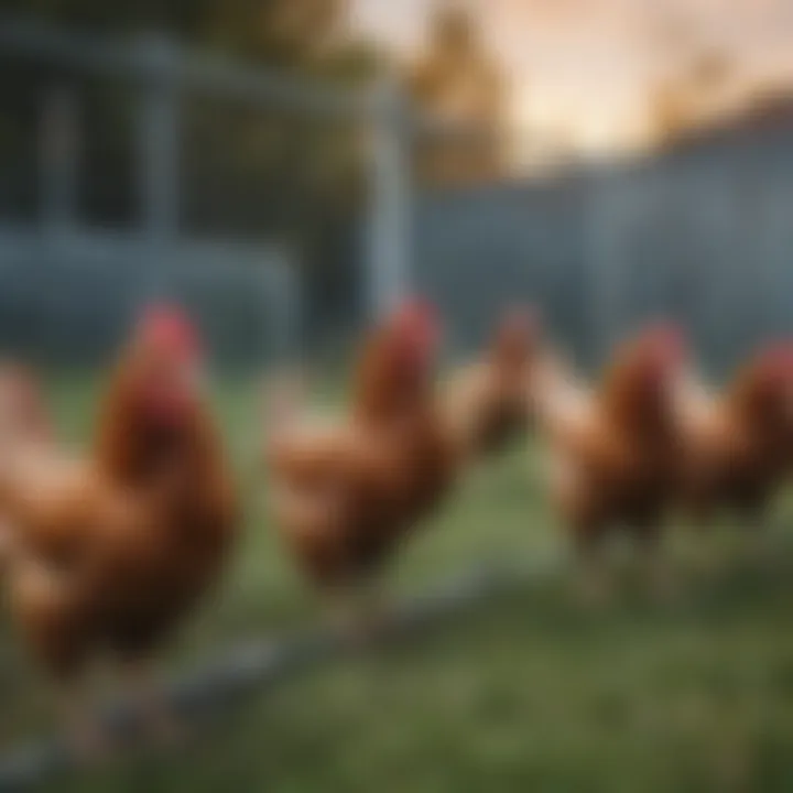 Chickens roaming freely within a movable fence setup.