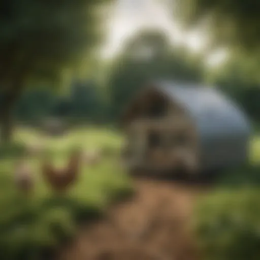 A beautifully designed movable hen house in a lush green field.