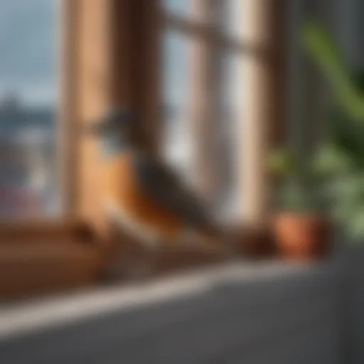 A bird perched on a window sill inside a home