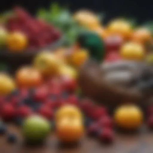 A variety of fruits suitable for ducks, including berries and apples