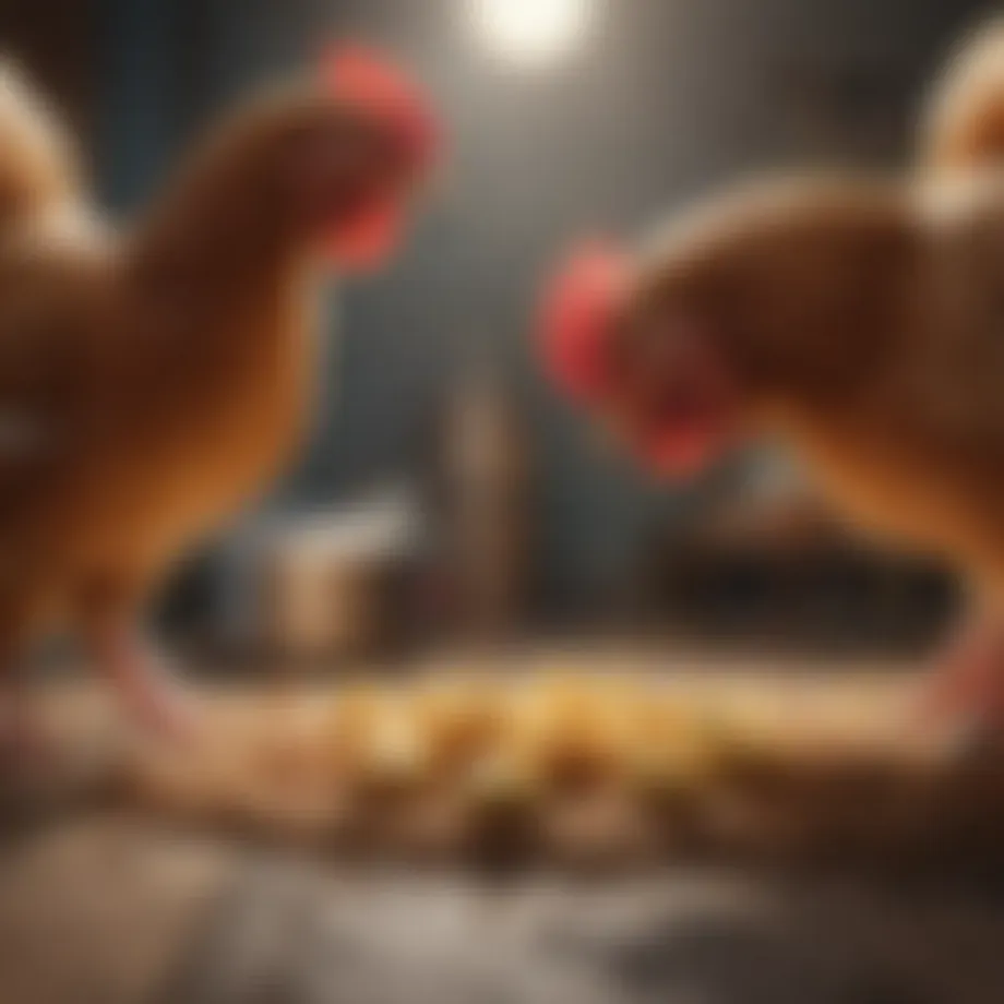 Four-month-old chickens pecking at a balanced feed mixture