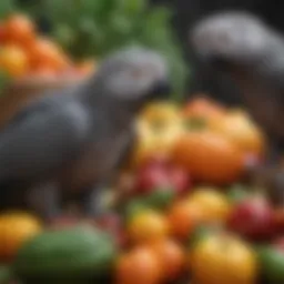 A colorful assortment of fruits and vegetables suitable for African Grey parrots