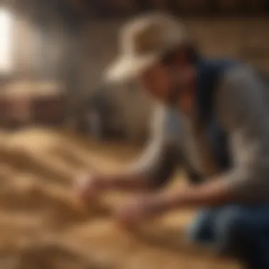 A farmer examining grains while considering goat dietary needs.