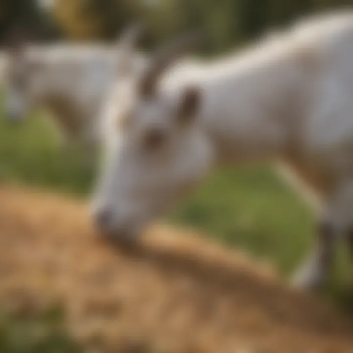 Close-up of healthy goats grazing on pasture with grains nearby.