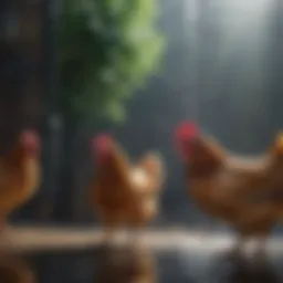 Chickens drinking from a hanging water system
