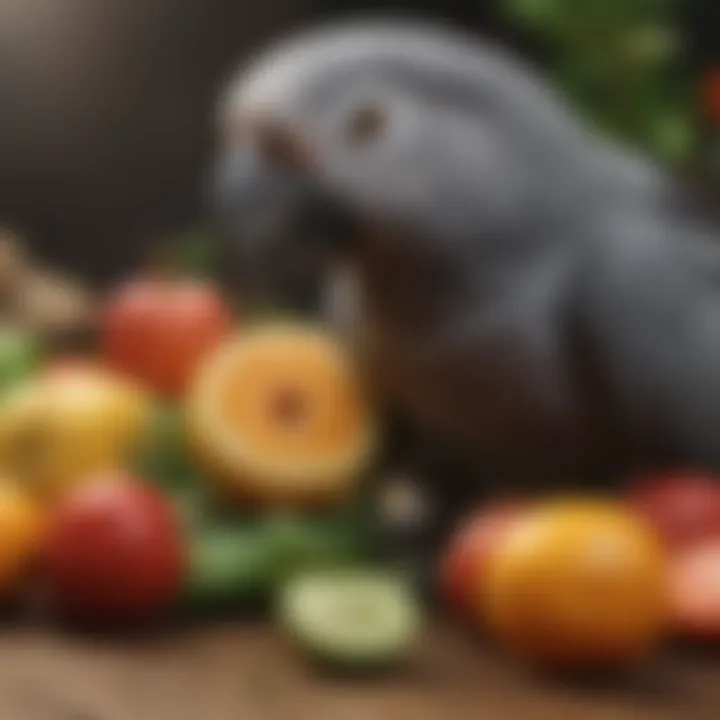 Colorful array of fruits and vegetables for African Grey parrots