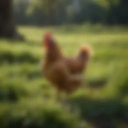 An organic chicken roaming freely in a lush green pasture