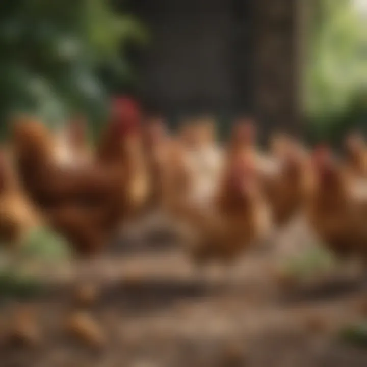 Chickens pecking at organic feed in a lush environment